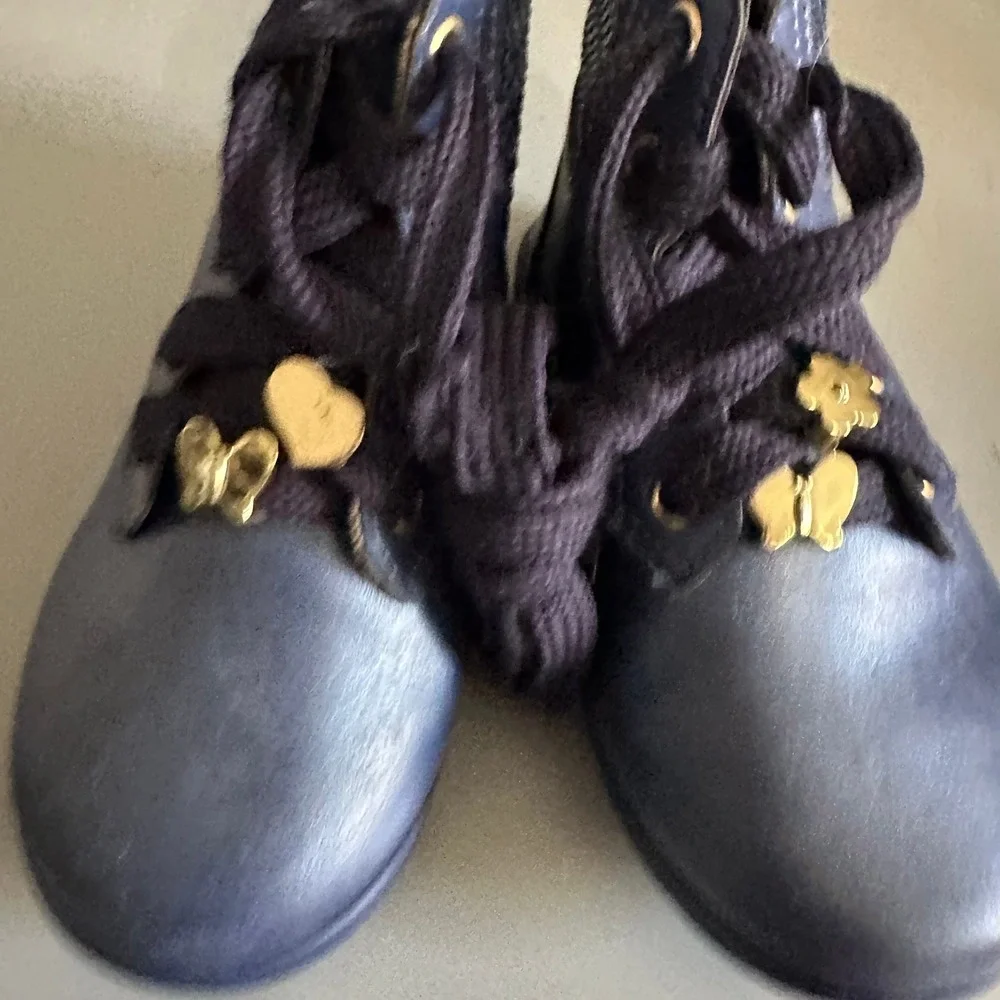 Pampili Girls Navy Blue Metallic‎ Sequin Lace Up Ankle Boots Gold Charms Zipper
